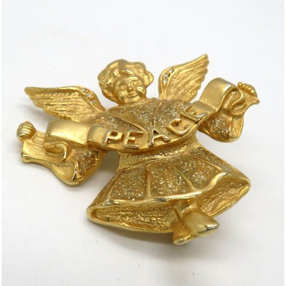 Angel Brooch Gold Tone Clear Rhinestones 2" Pin Peace Banner Glitter Enamel - Picture 11 of 14